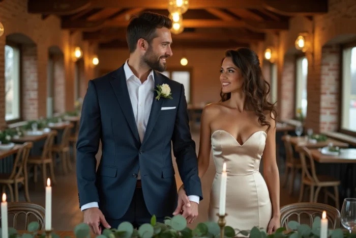 Couple élégant en tenue de mariage échangeant un regard complice dans une salle de réception rustique décorée de bougies et de guirlandes d'eucalyptus