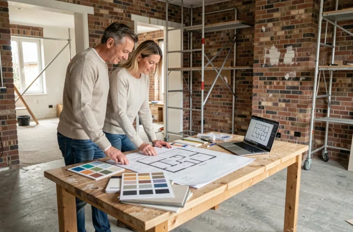 Couple examinant des plans architecturaux lors d'un projet de rénovation immobilière à domicile