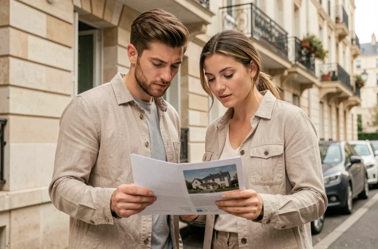 Couple examinant des documents immobiliers devant un immeuble résidentiel moderne en ville pour décider d'acheter ou louer en 2026
