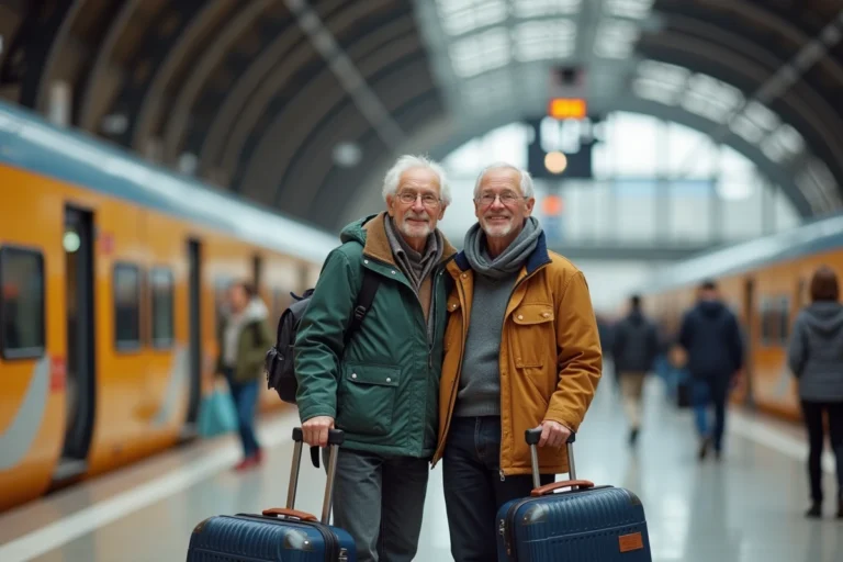 Couple de retraités SNCF en voyage avec leurs bagages sur un quai de gare française