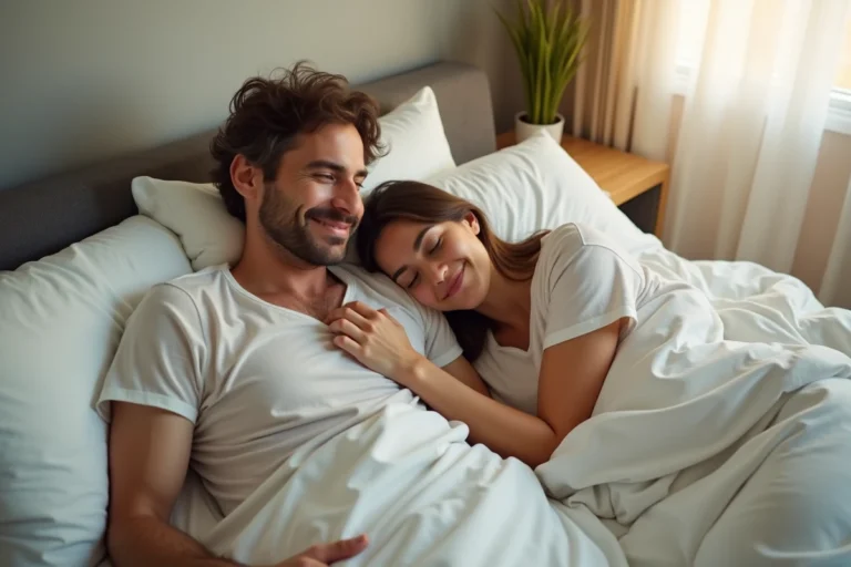 Couple épanoui allongé dans un lit douillet souriant et complice illustrant la satisfaction dans la vie intime