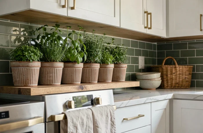 Cuisine moderne avec étagère en chêne, carrelage vert sauge et plantes aromatiques en pots — tendances déco maison