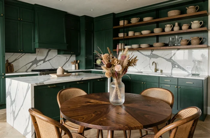 Cuisine et salle à manger en open space avec armoires vert forêt, îlot en marbre Calacatta et chaises en rotin courbé pour les tendances déco 2024