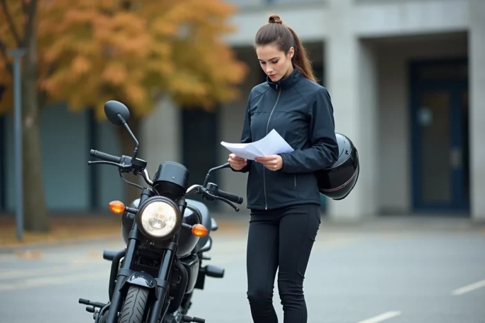 Femme tenant un casque et des documents administratifs devant une moto 125 cm3 garée près d'une préfecture