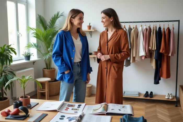 Deux femmes discutant des tendances mode de saison avec des accessoires et des lookbooks dans un appartement au style scandinave épuré