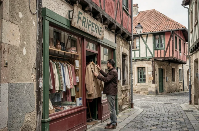 Devanture d'une friperie dans une rue piétonne du vieux Bayonne avec un homme examinant un vêtement vintage