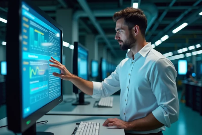 Professionnel des achats interagissant avec un logiciel de gestion numérique des fournisseurs et des commandes automatisées