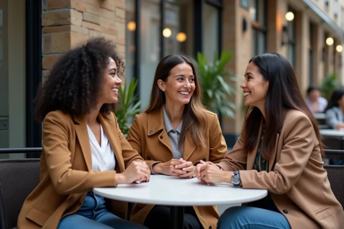 Trois femmes de cultures différentes réunies dans un café urbain, symbolisant la diversité des standards de beauté féminine à travers le monde