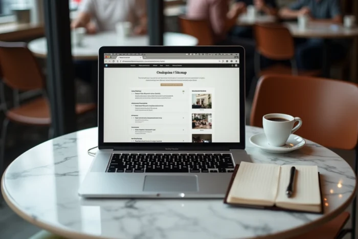 Écran d'ordinateur portable affichant le plan du site d'un blog féminin dans un café parisien, avec carnet et café