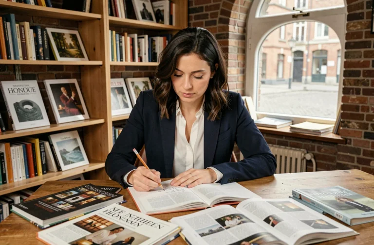 Femme éditrice dans un bureau belge consultant des magazines culturels européens sur EuroZine