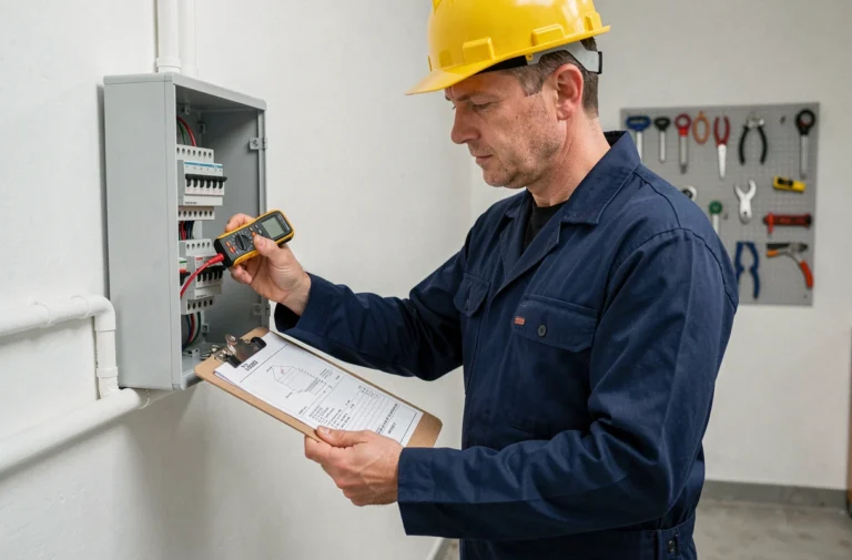 Électricien qualifié inspectant un tableau électrique dans une salle technique résidentielle avec multimètre et clipboard