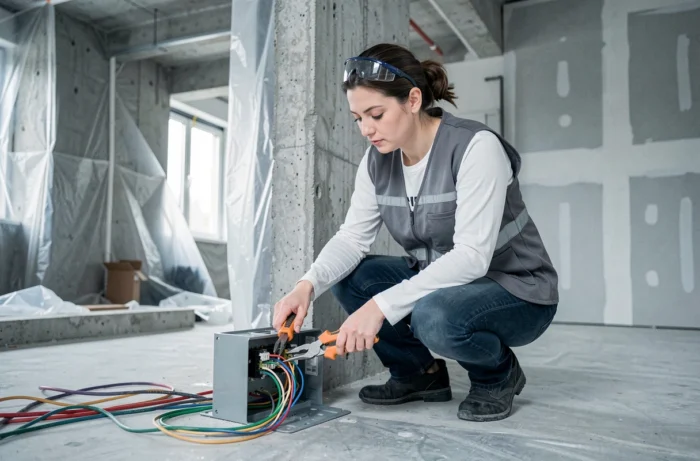 Électricienne professionnelle raccordant des câbles dans un boîtier de jonction sur un chantier de rénovation de bureau