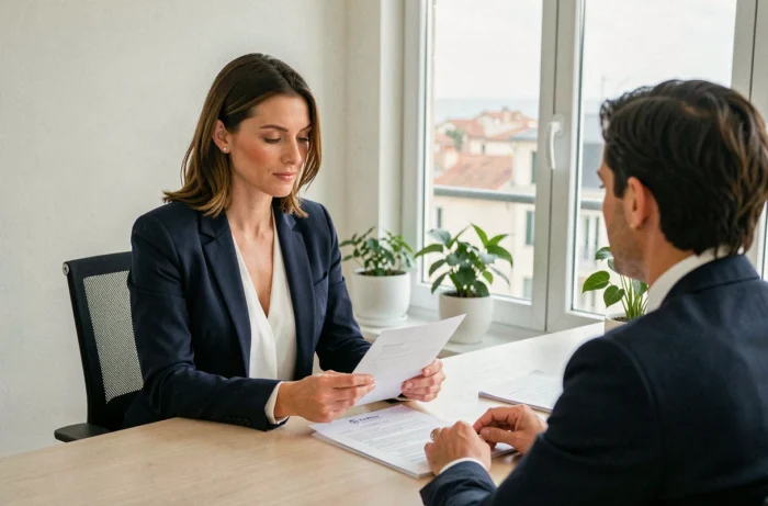 Femme professionnelle en entretien d'embauche dans un bureau moderne avec vue sur la Manche