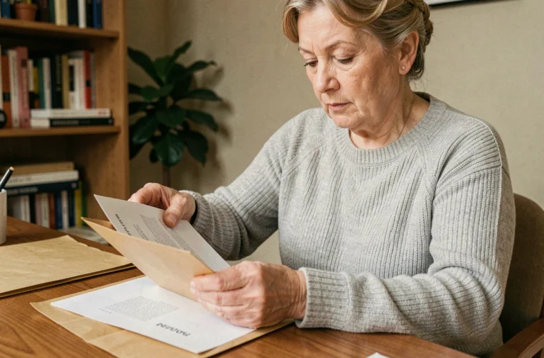 Femme préparant des documents à envoyer à Agirc-Arrco depuis son bureau à domicile