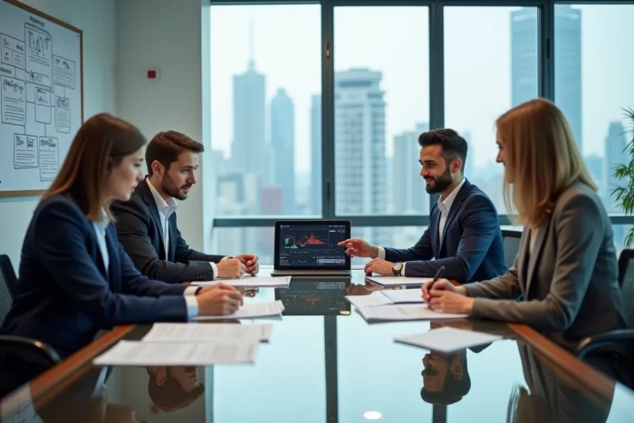 Équipe achats collaborant autour de données digitales et rapports analytiques en salle de réunion d'entreprise