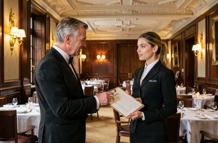Deux maîtres d'hôtel discutant du plan de salle dans une grande salle à manger d'hôtel de luxe en France
