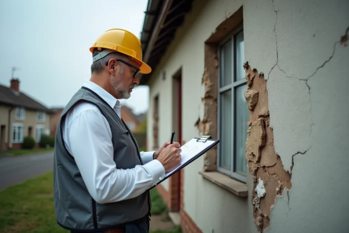 Expert en bâtiment inspectant la façade dégradée d'une maison inhabitable pour établir un rapport officiel