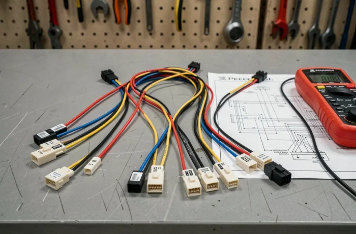 Faisceau de câblage autoradio Peugeot avec connecteurs colorés et schéma de branchement sur établi