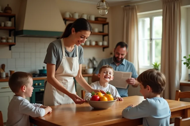 Famille épanouie réunie autour de la table du petit-déjeuner dans une cuisine chaleureuse et conviviale