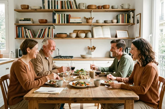 Famille musicale réunie autour d'un repas dans un appartement parisien, ambiance conviviale et artistique