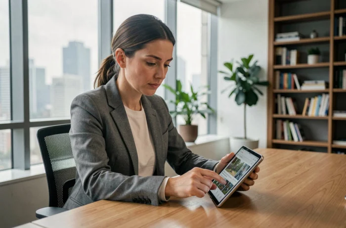 Femme professionnelle consultant les actualités du jour sur une tablette dans un bureau moderne