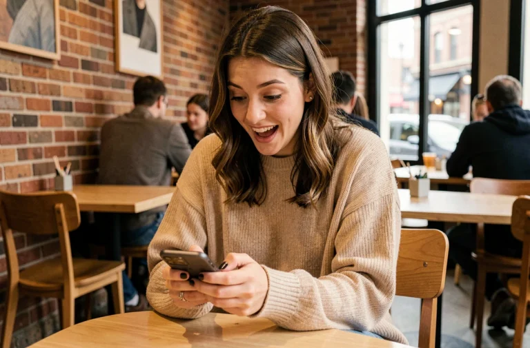 Jeune femme surprise en train de découvrir des actualités insolites sur son smartphone dans un café moderne