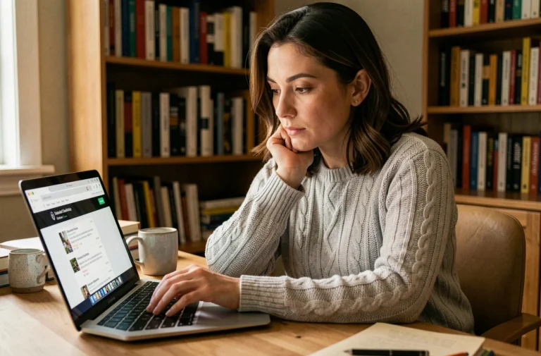 Femme analysant des avis en ligne sur un ordinateur portable dans un bureau à domicile pour distinguer les critiques authentiques