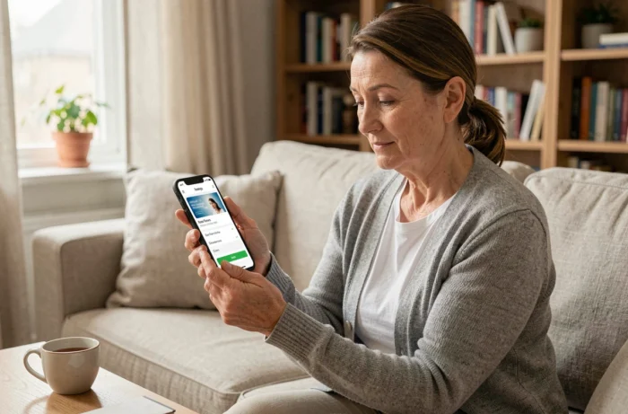 Femme consultant un virement débit sur l'application mobile Banque Postale depuis son salon