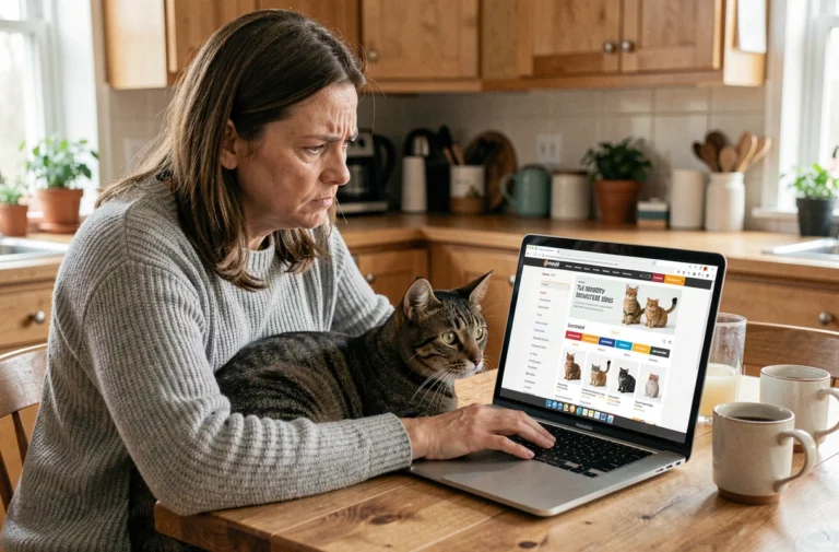 Femme inquiète vérifiant un site d'accessoires pour chats suspect sur son ordinateur portable avec son chat à côté d'elle
