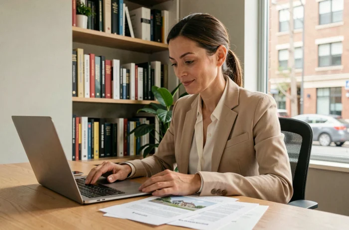 Femme consultant les avis clients en ligne pour choisir un promoteur immobilier fiable, assise à son bureau avec des documents immobiliers
