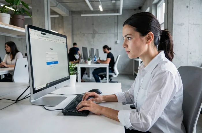 Femme au bureau face à un écran montrant un problème d'accès à la plateforme de streaming Uqload