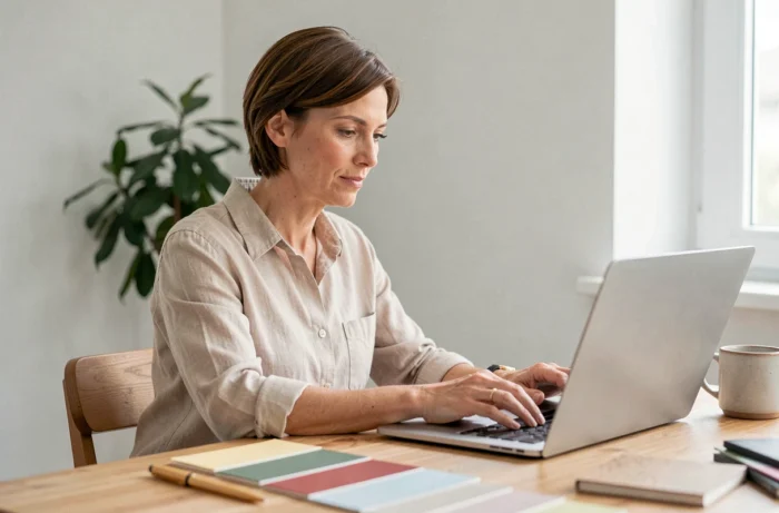 Femme utilisant un ordinateur portable pour contacter Espace Déco via un formulaire en ligne depuis son bureau à domicile