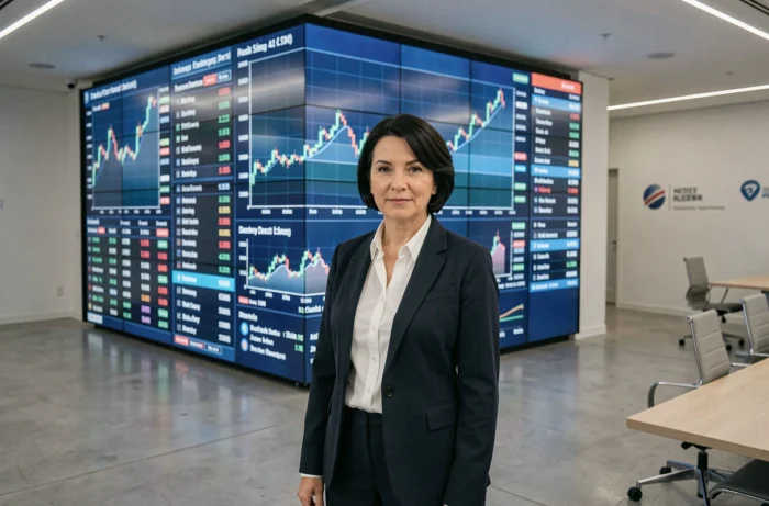 Femme cadre dirigeante présentant des données financières en direct sur un mur d'écrans dans une salle de réunion d'entreprise