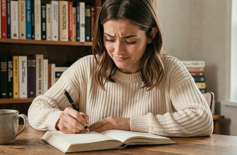 Jeune femme écrivant dans un cahier avec un stylo, entourée de dictionnaires, illustrant l'apprentissage des règles orthographiques du français
