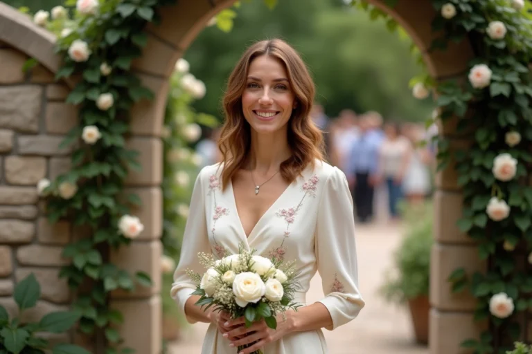 Femme élégante en robe ivoire tenant un bouquet de pivoines blanches devant une arche en pierre fleurie lors d'un mariage en plein air