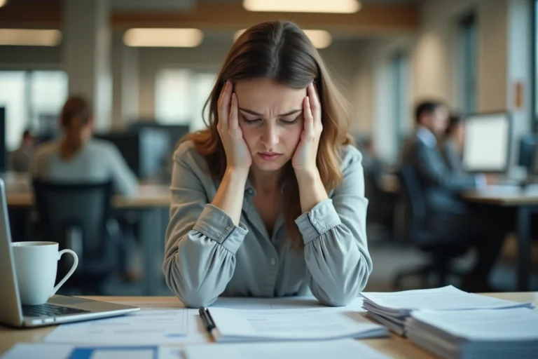 Femme épuisée au bureau souffrant de burn out professionnel, tête dans les mains entourée de papiers