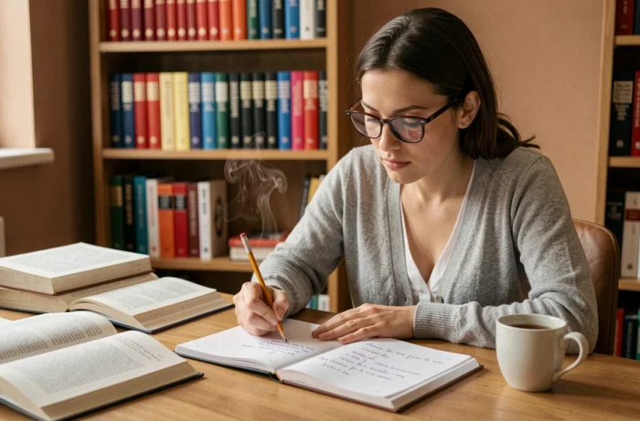 Femme studieuse consultant des livres de grammaire française à son bureau pour comprendre les règles orthographiques des mots courants
