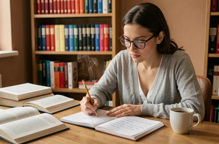 Femme studieuse consultant des livres de grammaire française à son bureau pour comprendre les règles orthographiques des mots courants