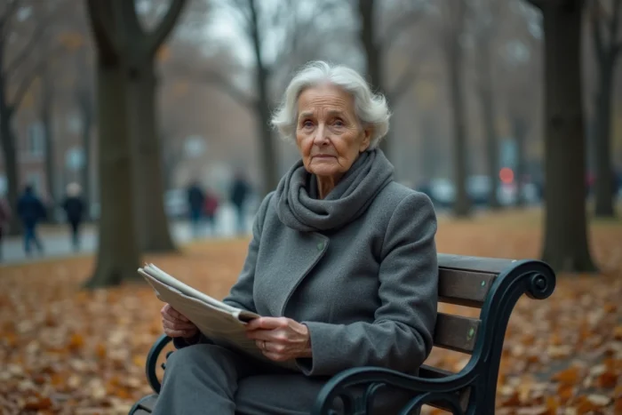 Femme mature assise seule sur un banc de parc en automne, tenant un journal, exprimant une tristesse silencieuse et du recueillement
