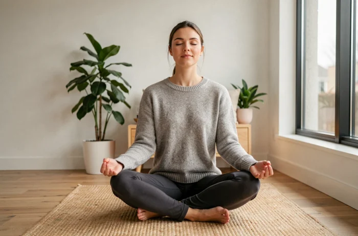 Femme pratiquant la méditation assise sur un plancher en bois pour gérer l'angoisse et le stress