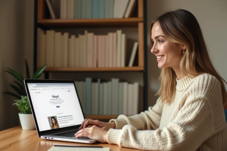 Jeune femme naviguant sur un blog lifestyle depuis son bureau à domicile, illustrant la facilité d'utilisation d'un plan de site