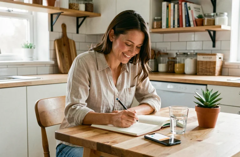 Femme organisée prenant des notes dans sa cuisine avec des astuces pour améliorer son quotidien