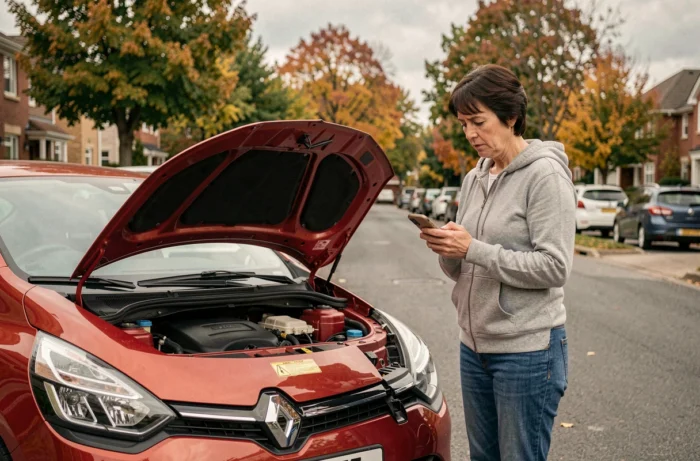Femme consultant son téléphone face à une Renault Clio 3 avec le capot ouvert dans une rue résidentielle