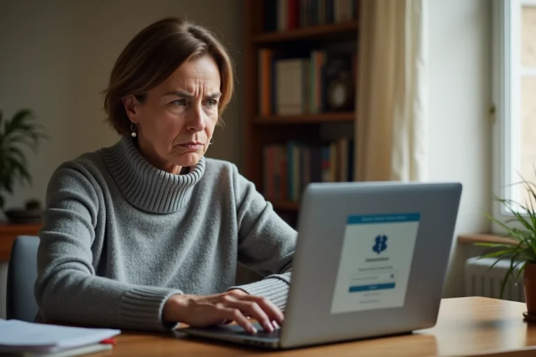 Femme utilisant FranceConnect sur un ordinateur portable pour accéder au parloir numérique, exprimant une difficulté de connexion