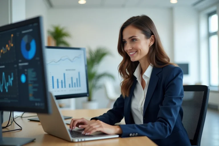 Femme professionnelle analysant des données de présence en ligne sur un double écran dans un bureau moderne
