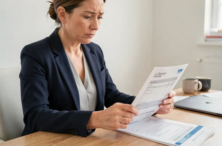 Femme examinant un relevé de virement débit Banque Postale à son bureau à domicile