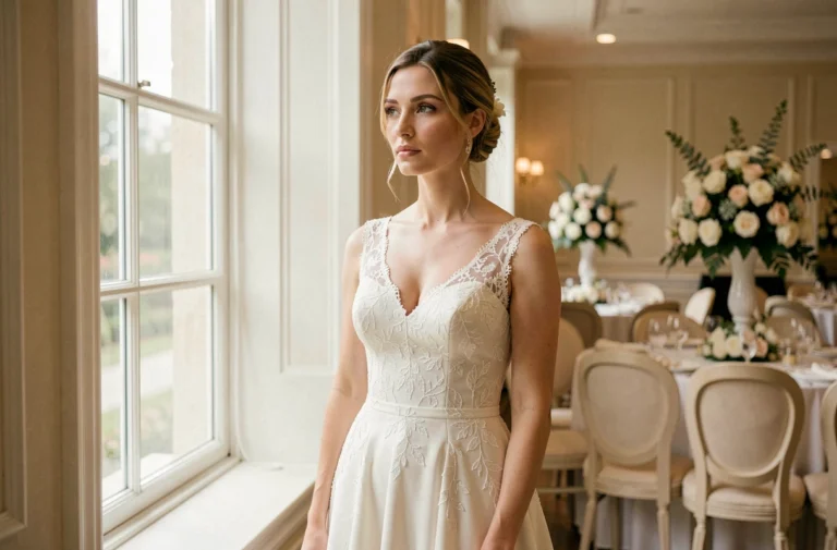 Femme en robe de mariée ivoire au regard songeur dans une salle de réception vide, illustrant un départ inattendu lors d'une émission de mariage