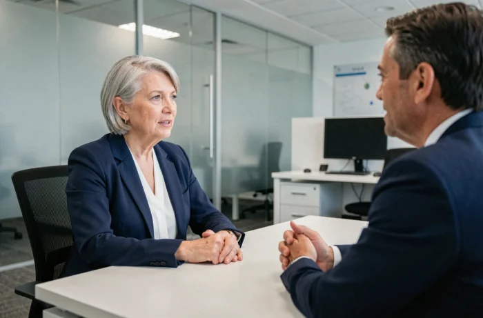 Femme senior en entretien avec un conseiller pour obtenir une dispense de recherche d'emploi après 62 ans