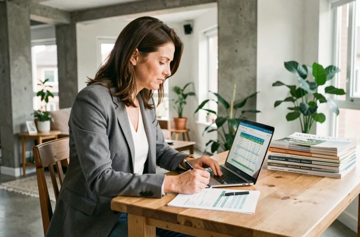 Femme consultant des simulations de prêt immobilier sur ordinateur portable dans un appartement contemporain pour comparer achat et location