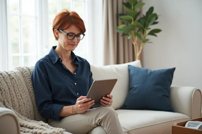 Femme d'âge mûr consultant le plan du site d'un blog sur une tablette depuis son salon scandinave